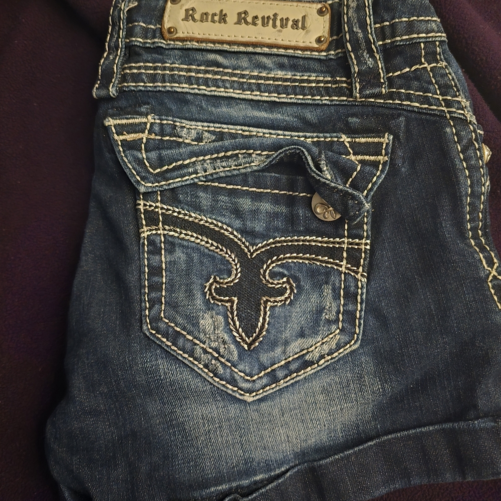 Rock Revival Women's Blue Washed Distressed Jeans with Contrast Stitching